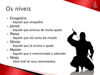 EstagiárioAquele que atrapalhaJúniorAquele que precisa de muita ajudaPlenoAquele que dá conta do recadoSêniorAquele que já ensina e ajudaMasterAquele que é reverenciado e adoradoNinjaVocê mal vê seus movimentosOs níveis