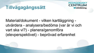 Tillvägagångssätt 
Material/dokument - vilken kartläggning - 
utvärdera - analysera/bedöma (var är vi och 
vart ska vi?) - planera/genomföra 
(elevperspektivet) - beprövad erfarenhet 
 