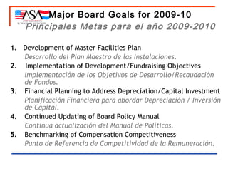 Major Board Goals for 2009-10 Principales Metas para el año 2009-2010 1.   Development of Master Facilities Plan Desarrollo del Plan Maestro de las Instalaciones. 2.   Implementation of Development/Fundraising Objectives Implementación de los Objetivos de Desarrollo/Recaudación de Fondos.  3.   Financial Planning to Address Depreciation/Capital Investment Planificación Financiera para abordar Depreciación / Inversión de Capital. 4.   Continued Updating of Board Policy Manual Continua actualización del Manual de Políticas.   5.   Benchmarking of Compensation Competitiveness Punto de Referencia de Competitividad de la Remuneración. 