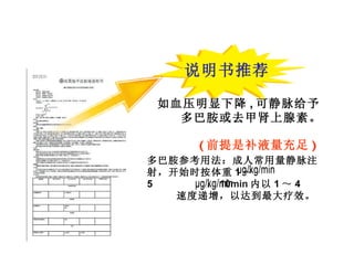 如血压明显下降 , 可静脉给予 多巴胺或去甲肾上腺素。 ( 前提是补液量充足 ) 多巴胺参考用法：成人常用量静脉注射，开始时按体重 1 ～ 5  ， 10 min 内以 1 ～ 4  速度递增，以达到最大疗效。 说明书推荐 