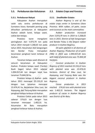 PERTANIAN
Kabupaten Asahan Dalam Angka 2016 189
5.3. Perkebunan dan Kehutanan
5.3.1. Perkebunan Rakyat
Kabupaten Asahan merupakan
salah satu sentra perkebunan di
Sumatera Utara. Komoditi penting yang
dihasilkan perkebunan di Kabupaten
Asahan adalah karet, kelapa sawit,
coklat dan kelapa.
Produksi karet mengalami
peningkatan dari 5.073,79 ton pada
tahun 2014 menjadi 5.268,65 ton pada
tahun 2015. Kecamatan Aek Songsongan
dan Bandar Pulau merupakan
kecamatan penghasil karet terbesar di
Asahan.
Tanaman kelapa sawit ditanam di
seluruh kecamatan di Kabupaten
Asahan. Produksi kelapa sawit (Tandan
Buah Segar) tahun 2015 sebesar
1.094.057,44 ton dengan total luas
tanaman 75.844,58 ha.
Produksi kelapa di Asahan pada
tahun 2015 mencapai 23.133,22 ton
dengan luas tanaman mencapai
23.474,41 ha. Kecamatan Silau Laut, Sei
Kepayang, dan Tanjung Balai merupakan
penghasil kelapa terbesar di Asahan.
Produksi Coklat pada tahun 2015
sebesar 574,63 ton dengan luas
tanaman mencapai 1.402,31 ha.
Kecamatan Air Batu merupakan
penghasil terbesar kakao di Asahan.
5.3. Estates Crops and Forestry
5.3.1. Smallholder Estates
Asahan Regency is one of the
estate crops center in Sumatera Utara
Province. With rubber, oil palm, cocoa
and coconuts as the main commodities
Rubber production increased
from 5.073,79 tons in 2014 to 5.268,65
tons in 2015. District of Aek Songsongan
and Bandar Pulau is the largest rubber
producer in Asahan Regency.
Oil palm planted in all districts of
Asahan Regency. Production of oil palm
(TBS) in 2015 was 1.094.057,44 tons
with total of planted area was 75.844,58
hectares.
Coconut production in Asahan
Regency of 2015 reached 23.133,22 tons
with planted area was 23.474,41
hectares. District of Silau Laut, Sei
Kepayang, and Tanjung Balai was the
biggest coconut producer in Asahan
Regency .
Cacao production in 2015
reached 574,63 tons with planted area
was 1.402,31 hectares. The biggest
producer of cacao in Asahan Regency
was District of Air Batu.
http://asahankab.bps.go.id
 