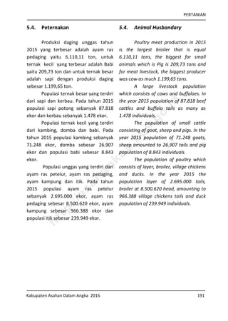 PERTANIAN
Kabupaten Asahan Dalam Angka 2016 191
5.4. Peternakan
Produksi daging unggas tahun
2015 yang terbesar adalah ayam ras
pedaging yaitu 6.110,11 ton, untuk
ternak kecil yang terbesar adalah Babi
yaitu 209,73 ton dan untuk ternak besar
adalah sapi dengan produksi daging
sebesar 1.199,65 ton.
Populasi ternak besar yang terdiri
dari sapi dan kerbau. Pada tahun 2015
populasi sapi potong sebanyak 87.818
ekor dan kerbau sebanyak 1.478 ekor.
Populasi ternak kecil yang terdiri
dari kambing, domba dan babi. Pada
tahun 2015 populasi kambing sebanyak
71.248 ekor, domba sebesar 26.907
ekor dan populasi babi sebesar 8.843
ekor.
Populasi unggas yang terdiri dari
ayam ras petelur, ayam ras pedaging,
ayam kampung dan itik. Pada tahun
2015 populasi ayam ras petelur
sebanyak 2.695.000 ekor, ayam ras
pedaging sebesar 8.500.620 ekor, ayam
kampung sebesar 966.388 ekor dan
populasi itik sebesar 239.949 ekor.
5.4. Animal Husbandary
Poultry meat production in 2015
is the largest broiler that is equal
6.110,11 tons, the biggest for small
animals which is Pig is 209,73 tons and
for meat livestock, the biggest producer
was cow as much 1.199,65 tons.
A large livestock population
which consists of cows and buffaloes. In
the year 2015 population of 87.818 beef
cattles and buffalo tails as many as
1.478 individuals.
The population of small cattle
consisting of goat, sheep and pigs. In the
year 2015 population of 71.248 goats,
sheep amounted to 26.907 tails and pig
population of 8.843 individuals.
The population of poultry which
consists of layer, broiler, village chickens
and ducks. In the year 2015 the
population layer of 2.695.000 tails,
broiler at 8.500.620 head, amounting to
966.388 village chickens tails and duck
population of 239.949 individuals.
http://asahankab.bps.go.id
 