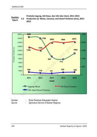 AGRICULTURE
194 Asahan Regency in Figures 2016
Gambar
Figure
5.2
Produksi Jagung, Ubi Kayu, dan Ubi Jalar (ton), 2011-2015
Production of Maize, Cassava, and Sweet Potatoes (ton), 2011-
2015
17964
10625
7710
9047
18686
205751994020082
15304
17265
1698
1139 931
1526 1682
0
2000
4000
6000
8000
10000
12000
14000
16000
18000
20000
2011 2012 2013 2014 2015
TAHUN
Produksi/Production
0
5000
10000
15000
20000
25000
Jagung/Maize Ubi Kayu/Cassava
Ubi Jalar/Sweet Potatoes
Sumber : Dinas Pertanian Kabupaten Asahan
Source : Agriculture Service of Asahan Regency
http://asahankab.bps.go.id
 