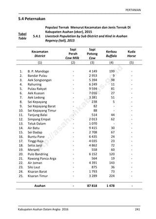 PERTANIAN
Kabupaten Asahan Dalam Angka 2016 241
5.4 Peternakan
Tabel
Table
5.4.1
Populasi Ternak Menurut Kecamatan dan Jenis Ternak Di
Kabupaten Asahan (ekor), 2015
Livestock Population by Sub District and Kind in Asahan
Regency (tail), 2015
Kecamatan
District
Sapi
Perah
Cow Milk
Sapi
Potong
Cow
Kerbau
Buffalo
Kuda
Horse
(1) (2) (3) (4) (5)
1. B. P. Mandoge - 4 149 199 -
2. Bandar Pulau - 2 953 9 -
3. Aek Songsongan - 5 394 98 -
4. Rahuning - 6 249 11 -
5. Pulau Rakyat - 9 594 81 -
6. Aek Kuasan - 7 016 27 -
7. Aek Ledong - 3 381 51 -
8. Sei Kepayang - 238 5 -
9. Sei Kepayang Barat - 82 - -
10. Sei Kepayang Timur - 88 - -
11. Tanjung Balai - 514 44 -
12. Simpang Empat - 2 013 62 -
13. Teluk Dalam - 1 070 - -
14. Air Batu - 9 415 30 -
15. Sei Dadap - 2 708 67 -
16. Buntu Pane - 6 435 24 -
17. Tinggi Raja - 4 035 23 -
18. Setia Janji - 4 862 72 -
19. Meranti - 558 60 -
20. Pulo Bandring - 6 152 120 -
21. Rawang Panca Arga - 564 19 -
22. Air Joman - 4 391 143 -
23. Silo Laut - 875 36 -
24. Kisaran Barat - 1 793 73 -
25. Kisaran Timur - 3 289 224 -
Asahan - 87 818 1 478 -
http://asahankab.bps.go.id
 