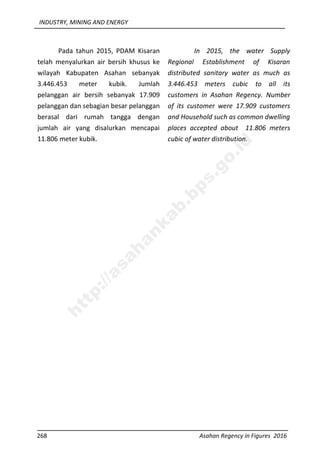 INDUSTRY, MINING AND ENERGY
268 Asahan Regency in Figures 2016
Pada tahun 2015, PDAM Kisaran
telah menyalurkan air bersih khusus ke
wilayah Kabupaten Asahan sebanyak
3.446.453 meter kubik. Jumlah
pelanggan air bersih sebanyak 17.909
pelanggan dan sebagian besar pelanggan
berasal dari rumah tangga dengan
jumlah air yang disalurkan mencapai
11.806 meter kubik.
In 2015, the water Supply
Regional Establishment of Kisaran
distributed sanitary water as much as
3.446.453 meters cubic to all its
customers in Asahan Regency. Number
of its customer were 17.909 customers
and Household such as common dwelling
places accepted about 11.806 meters
cubic of water distribution.
http://asahankab.bps.go.id
 