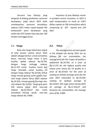 FINANCE AND PRICES
370 Asahan Regency in Figures 2016
Asuransi Jasa Raharja yang
bergerak di bidang pemberian santunan
kecelakaan, pada tahun 2015 telah
membayarkan santunan kecelakaan
sebesar 5,057 milliar rupiah kepada 766
korban/ahli waris kecelakaan yang
terdiri dari 637 korban luka-luka dan 129
korban meninggal dunia.
9.2. Harga
Rata-rata harga kebutuhan pokok
di kota kisaran selama tahun 2015
adalah sebagai berikut: untuk komoditas
beras, rata-rata harga untuk 3 jenis
kualitas adalah sebesar Rp.10.763,
dengan harga tertinggi sebesar
Rp.11.375 untuk kualitas ramos dan
harga terendah untuk kualitas C4
dengan harga sebesar Rp.10.416. Untuk
harga minyak goreng curah (putih) rata-
rata harga selama tahun 2015 sebesar
Rp.10.250, minyak goreng (kuning) rata-
rata sebesar Rp.14.625. Harga gula pasir
SHS selama tahun 2015 rata-rata
sebesar Rp.11.416,67 dan untuk
komoditas minyak tanah, rata-rata
harga sebesar Rp. 9.000.
Insurance of Jasa Raharja moves
in accident service insurance. In 2015 it
paid compensation as much as 5,057
billion rupiahs to 766 victims/heirs which
comprising of 637 injured and 129
died.
9.2. Prices
The average prices of main goods
in the kisaran city during 2015 are as
follows: for rice commodities, the
average price for the 3 types of quality is
amounted Rp.10.763, at a price of
Rp.11.375 for the highest quality and
lowest price ramos for C4 quality at a
price of Rp.10.416. For the price of
cooking oil (white) average price for the
year 2015 amounted to Rp.10.250,
cooking oil (yellow) average of
Rp.14.625. SHS sugar prices during 2015
an average of Rp.11.416,67 and
kerosene for commodities, the average
price of Rp. 9.000.
http://asahankab.bps.go.id
 