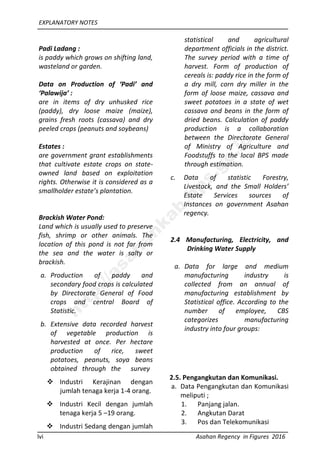 EXPLANATORY NOTES
lvi Asahan Regency in Figures 2016
Padi Ladang :
is paddy which grows on shifting land,
wasteland or garden.
Data on Production of ‘Padi’ and
‘Palawija’ :
are in items of dry unhusked rice
(paddy), dry loose maize (maize),
grains fresh roots (cassava) and dry
peeled crops (peanuts and soybeans)
Estates :
are government grant establishments
that cultivate estate crops on state-
owned land based on exploitation
rights. Otherwise it is considered as a
smallholder estate’s plantation.
Brackish Water Pond:
Land which is usually used to preserve
fish, shrimp or other animals. The
location of this pond is not far from
the sea and the water is salty or
brackish.
a. Production of paddy and
secondary food crops is calculated
by Directorate General of Food
crops and central Board of
Statistic.
b. Extensive data recorded harvest
of vegetable production is
harvested at once. Per hectare
production of rice, sweet
potatoes, peanuts, soya beans
obtained through the survey
statistical and agricultural
department officials in the district.
The survey period with a time of
harvest. Form of production of
cereals is: paddy rice in the form of
a dry mill, corn dry miller in the
form of loose maize, cassava and
sweet potatoes in a state of wet
cassava and beans in the form of
dried beans. Calculation of paddy
production is a collaboration
between the Directorate General
of Ministry of Agriculture and
Foodstuffs to the local BPS made
through estimation.
c. Data of statistic Forestry,
Livestock, and the Small Holders’
Estate Services sources of
Instances on government Asahan
regency.
2.4 Manufacturing, Electricity, and
Drinking Water Supply
a. Data for large and medium
manufacturing industry is
collected from an annual of
manufacturing establishment by
Statistical office. According to the
number of employee, CBS
categorizes manufacturing
industry into four groups:
 Industri Kerajinan dengan
jumlah tenaga kerja 1-4 orang.
 Industri Kecil dengan jumlah
tenaga kerja 5 –19 orang.
 Industri Sedang dengan jumlah
2.5. Pengangkutan dan Komunikasi.
a. Data Pengangkutan dan Komunikasi
meliputi ;
1. Panjang jalan.
2. Angkutan Darat
3. Pos dan Telekomunikasi
http://asahankab.bps.go.id
 