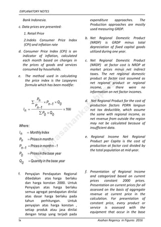 EXPLANATORY NOTES
lx Asahan Regency in Figures 2016
Bank Indonesia.
c. Data prices are presented:
1. Retail Price
2.Indeks Consumer Price Index
(CPI) and inflation rate
d. Consumer Price Index (CPI) is an
indicator of inflation, calculated
each month based on changes in
the prices of goods and services
consumed by households.
e. The method used in calculating
the price index is the Laspeyres
formula which has been modifie:
001
0Q0P
0Q1nP
1nP
nP
nI 
 
 

base yeartheinQuantity0Q
base yeartheinPrices0P
1-nmonthinPrices1nP
nmonthinPricesnP
IndexMonthlynI
:Where





expenditure approaches. The
Production approaches are mostly
used measuring GRDP.
b. Net Regional Domestic Product
(NRDP) is GRDP minus total
depreciation of fixed capital goods
utilized during one year.
c. Net Regional Domestic Product
(NRDP) at factor cost is NRDP at
market prices minus net indirect
taxes. The net regional domestic
product at factor cost assumed as
net regional product or regional
income, as there were no
information on net factor incomes.
d. Net Regional Product for the cost of
production factors PDRN langsun
not tax deductible, which assume
the same with regional income, as
net revenue from outside the region
may not be calculated because of
insufficient data.
e. Regional Income Net Regional
Product per Capita is the cost of
production at factor cost divided by
the total population at mid-year.
f. Penyajian Pendapatan Regional
dibedakan atas harga berlaku
dan harga konstan 2000. Untuk
Penyajian atas harga berlaku
semua agregat pendapatan dinilai
atas dasar harga berlaku pada
tahun perhitungan. Untuk
penyajian atas harga konstan ,
setiap produk atau jasa dinilai
dengan tetap yang terjadi pada
f. Presentation of Regional Income
and categorized based on current
prices constant 2000 prices.
Presentation on current prices for all
assessed on the basis of aggregate
revenue at current price in the
calculation. For presentation of
constant price, every product or
service is assessed with the
equipment that occur in the base
http://asahankab.bps.go.id
 