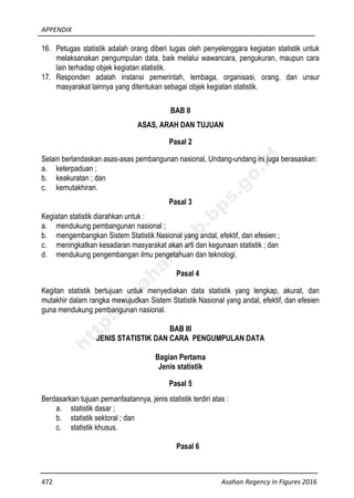 APPENDIX
472 Asahan Regency in Figures 2016
16. Petugas statistik adalah orang diberi tugas oleh penyelenggara kegiatan statistik untuk
melaksanakan pengumpulan data, baik melalui wawancara, pengukuran, maupun cara
lain terhadap objek kegiatan statistik.
17. Responden adalah instansi pemerintah, lembaga, organisasi, orang, dan unsur
masyarakat lainnya yang ditentukan sebagai objek kegiatan statistik.
BAB II
ASAS, ARAH DAN TUJUAN
Pasal 2
Selain berlandaskan asas-asas pembangunan nasional, Undang-undang ini juga berasaskan:
a. keterpaduan ;
b. keakuratan ; dan
c. kemutakhiran.
Pasal 3
Kegiatan statistik diarahkan untuk :
a. mendukung pembangunan nasional ;
b. mengembangkan Sistem Statistik Nasional yang andal, efektif, dan efesien ;
c. meningkatkan kesadaran masyarakat akan arti dan kegunaan statistik ; dan
d. mendukung pengembangan ilmu pengetahuan dan teknologi.
Pasal 4
Kegitan statistik bertujuan untuk menyediakan data statistik yang lengkap, akurat, dan
mutakhir dalam rangka mewujudkan Sistem Statistik Nasional yang andal, efektif, dan efesien
guna mendukung pembangunan nasional.
BAB III
JENIS STATISTIK DAN CARA PENGUMPULAN DATA
Bagian Pertama
Jenis statistik
Pasal 5
Berdasarkan tujuan pemanfaatannya, jenis statistik terdiri atas :
a. statistik dasar ;
b. statistik sektoral ; dan
c. statistik khusus.
Pasal 6
http://asahankab.bps.go.id
 