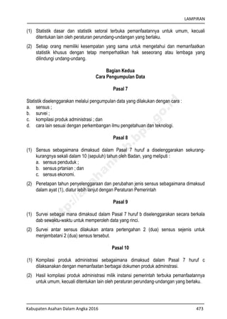LAMPIRAN
Kabupaten Asahan Dalam Angka 2016 473
(1) Statistik dasar dan statistik setoral terbuka pemanfaatannya untuk umum, kecuali
ditentukan lain oleh peraturan perundang-undangan yang berlaku.
(2) Setiap orang memiliki kesempatan yang sama untuk mengetahui dan memanfaatkan
statistik khusus dengan tetap memperhatikan hak seseorang atau lembaga yang
dilindungi undang-undang.
Bagian Kedua
Cara Pengumpulan Data
Pasal 7
Statistik diselenggarakan melalui pengumpulan data yang dilakukan dengan cara :
a. sensus ;
b. survei ;
c. kompilasi produk administrasi ; dan
d. cara lain sesuai dengan perkembangan ilmu pengetahuan dan teknologi.
Pasal 8
(1) Sensus sebagaimana dimaksud dalam Pasal 7 huruf a diselenggarakan sekurang-
kurangnya sekali dalam 10 (sepuluh) tahun oleh Badan, yang meliputi :
a. sensus penduduk ;
b. sensus prtanian ; dan
c. sensus ekonomi.
(2) Penetapan tahun penyelenggaraan dan perubahan jenis sensus sebagaimana dimaksud
dalam ayat (1), diatur lebih lanjut dengan Peraturan Pemerintah
Pasal 9
(1) Survei sebagai mana dimaksud dalam Pasal 7 huruf b diselenggarakan secara berkala
dab sewaktu-waktu untuk memperoleh data yang rinci.
(2) Survei antar sensus dilakukan antara pertengahan 2 (dua) sensus sejenis untuk
menjembatani 2 (dua) sensus tersebut.
Pasal 10
(1) Kompilasi produk administrasi sebagaimana dimaksud dalam Pasal 7 huruf c
dilaksanakan dengan memanfaatan berbagai dokumen produk adminstrasi.
(2) Hasil kompilasi produk administrasi milik instansi pemerintah terbuka pemanfaatannya
untuk umum, kecuali ditentukan lain oleh peraturan perundang-undangan yang berlaku.
http://asahankab.bps.go.id
 