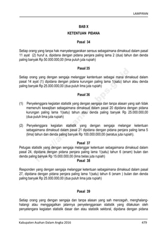 LAMPIRAN
Kabupaten Asahan Dalam Angka 2016 479
BAB X
KETENTUAN PIDANA
Pasal 34
Setiap orang yang tanpa hak manyelenggarakan sensus sebagaimana dimaksud dalam pasal
11 ayat (2) huruf a, dipidana dengan pidana penjara paling lama 2 (dua) tahun dan denda
paling banyak Rp 50.000.000,00 (lima puluh juta rupiah)
Pasal 35
Setiap orang yang dengan sengaja melanggar kententuan sebagai mana dimaksud dalam
pasal 14 ayat (1) dipidana dengan pidana kurungan paling lama 1(satu) tahun atau denda
paling banyak Rp 25.000.000,00 (dua puluh lima juta rupiah)
Pasal 36
(1) Penyelenggara kegiatan statistik yang dengan sengaja dan tanpa alasan yang sah tidak
memenuhi kewajiban sebagaimana dimaksud dalam pasal 20 dipidana dengan pidana
kurungan paling lama 1(satu) tahun atau denda paling banyak Rp 25.000.000,00
(dua puluh lima juta rupiah)
(2) Penyelenggara kegiatan statistik yang dengan sengaja melangar ketentuan
sebagaimana dimaksud dalam pasal 21 dipidana dengan pidana penjara paling lama 5
(lima) tahun dan denda paling banyak Rp 100.000.000,00 (seratus juta rupiah).
Pasal 37
Petugas statistik yang dengan sengaja melanggar ketentuan sebagaimana dimaksud dalam
pasal 24, dipidana dengan pidana penjara paling lama 1(satu) tahun 6 (enam) bulan dan
denda paling banyak Rp 15.000.000,00 (lima belas juta rupiah)
Pasal 38
Responden yang dengan sengaja melanggar ketentuan sebagaimana dimaksud dalam pasal
27, dipidana dengan pidana penjara paling lama 1(satu) tahun 6 (enam ) bulan dan denda
paling banyak Rp 25.000.000,00 (dua puluh lima juta rupiah)
Pasal 39
Setiap orang yang dengan sengaja dan tanpa alasan yang sah mencegah, menghalang-
halangi atau menggagalkan jalannya penyelenggaraan statistik yang dilakukan oleh
penyelengara kegiatan statistik dasar dan atau statistik sektoral, dipidana dengan pidana
http://asahankab.bps.go.id
 