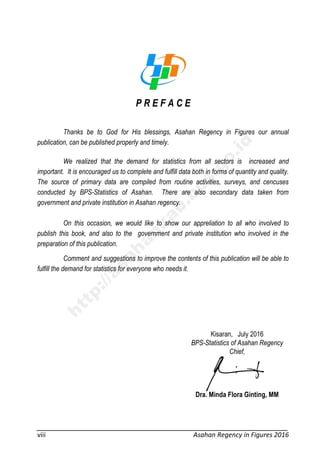 viii Asahan Regency in Figures 2016
P R E F A C E
Thanks be to God for His blessings, Asahan Regency in Figures our annual
publication, can be published properly and timely.
We realized that the demand for statistics from all sectors is increased and
important. It is encouraged us to complete and fulfill data both in forms of quantity and quality.
The source of primary data are compiled from routine activities, surveys, and cencuses
conducted by BPS-Statistics of Asahan. There are also secondary data taken from
government and private institution in Asahan regency.
On this occasion, we would like to show our appreliation to all who involved to
publish this book, and also to the government and private institution who involved in the
preparation of this publication.
Comment and suggestions to improve the contents of this publication will be able to
fulfill the demand for statistics for everyone who needs it.
Kisaran, July 2016
BPS-Statistics of Asahan Regency
Chief,
Dra. Minda Flora Ginting, MM
http://asahankab.bps.go.id
 