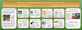 Welcome to the Edublogosphere: Educating the Future, Today Melissa L. Rethlefsen 1 , Ann M. Farrell 2 , Melanie Ryan 3 1 Mayo   Clinic Libraries, Mayo Clinic Rochester,  2 Mayo Clinic Libraries, Mayo Clinic Florida,  3 Mayo School of Health Sciences, Mayo Clinic Rochester Introduction and Purpose Future Directions Introduction to Web 2.0 Blogs Online Collaboration Tools Social Bookmarking RSS Wikis Social Networking Social Media Our students are changing.  Generation Y, or the Millennials, have taken the need for flexibility in education to an entirely new level.  Recognizing the change in learning styles, based primarily on the student’s reliance on the internet and strong need for an online presence and community, Mayo School of Health Sciences (MSHS) faculty embarked on an online learning adventure.  The online course, “Web 2.0 for Faculty” focused on teaching our faculty the functionality and educational purpose of the tools of the Web 2.0 world. Instructors used a blog for distributing course content to faculty, and each participant created  an individual blog to record their thoughts and perceptions of how each tool could be used for personal productivity and working with students.  A new module was released on the blog every two weeks, allowing faculty to work through each module at their own pace. For each module, there was a topic introduction with text and video components and a discovery exercise.  Discovery exercises allowed participants both to get hands-on experience using Web 2.0 tools and to reflect upon how each Web 2.0 tool covered might benefit their classrooms and teaching experiences. The Assignment: Read a Web 2.0-related journal or magazine article.  Respond to the article in a comment on the module. What Faculty Said: As educators, this provides great opportunity to reaching our learners. I feel it is imperative we become “fluent” in these mediums to enhance our ability to communicate / teach our students, patients and colleagues.  When it comes to learning in healthcare, being right is pretty important. I am not so much intimidated by the technology as I am wondering how to balance it and help students learn to critically think their way through the information to create actual knowledge.  The Assignment: Create a Google Reader (an RSS reader) account.  Subscribe to 5 RSS feeds.  Post a comment about how you would use RSS on your blog. What Faculty Said: Instead of talking about where to go for CE, what emails to sign up for, there is a new, improved Web 2.0 plan.  Each student will be responsible for establishing their own page with feeds pertinent to their career path. I see many great uses for the RSS If a student has a question about a certain topic, myself as an instructor, could just set up a feed to include all the latest articles from OVID for example. I would be enabling the student rather than instructing.  Explore Delicious, a social bookmarking site.  Comment on how you would use Delicious on your blog. The Assignment: What Faculty Said: So what if each [student] created an account, with links to their must-haves, and there is an ongoing list, kept on our blog or wiki, for other students to check out?  The amount of information to share with one another, or our anonymous social bookmarking friends, is limitless.  I will definitely use this tool more than any of the others we’ve learned about because it’s essentially at the hub of my internet use!  The Assignment: What Faculty Said: The Assignment: Create a blog and write a post discuss the pros and cons of using a blog in health sciences education.  What Faculty Said: [A blog] could create a safe place for learners to expose their areas of ignorance, which is the best way to heal them -- under the light of day.   How best to trigger comment from others? And not just any comment, but the desired comment -- which would be intelligent, interesting, and creative -- provocative without provoking -- edgy without being unnerving. .  The Assignment: Add content to the Program’s wiki, insert a link to a favorite resource, and discuss the use of a wiki in education. What Faculty Said: Wikis in virtual community collaboration were also excellent points of reference for ensuring quality of information, diversity of the information, and the removal of restrictions in educational information availability.   I hadn't considered using a wiki for a shared document/project before now, but I can see benefits now. Seeing some ways people are using them for learning communities gave me some ideas for student non-curricular involvement. The Assignment: Use Google Docs to create and share a document or spreadsheet. What Faculty Said: So what can google documents do for me?  As I work to expand my department’s program and create different educational opportunities, a plethora of paperwork comes along with it. .. Why can’t we all just share access to these documents?  So there it is- what google docs can do for me.    I have two group projects that my students need to create, and although they see each other during class times they don’t live close to each other.  This might be another tool that they would use to do group work.  An added benefit would be the tracking of changes,  The Assignment: What Faculty Said: Create a Facebook or LinkedIn account and add a course instructor as a friend.  After course completion, participants will be invited to complete a retrospective pre-test/post-test survey to assess knowledge gained in the course.  Information from the survey results, combined with qualitative data from participant blog posts and weekly progress reports, will allow instructors to assess the program’s success.  In addition to increasing faculty’s comfort levels with new technologies, we hope this course will inspire faculty to utilize technology in the classroom. Explore either podcasts, photo-sharing (e.g. Flickr) or online video (e.g. YouTube) and discuss the use of one of these in education.. I can see where in professional training programs, there will be a need for a class on how to behave and represent one’s self on-line.   As a teacher, it makes me cringe to think that their immaturity probably is exhibited on Facebook as well as in the classroom. What does this mean for their future careers?  ,[object Object],[object Object],[object Object],[object Object],[object Object],[object Object],Podcasts and videos could be useful for our dietetics program throughout the clinical rotations. It would be great for visual and audio learners to review the material. I feel that multimedia tools can greatly impact the progress of teaching and learning.  Students are becoming more and more tech savvy, therefore educators need to be able to various tools to enhance the educational process. 