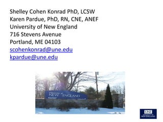 Shelley Cohen Konrad PhD, LCSW
Karen Pardue, PhD, RN, CNE, ANEF
University of New England
716 Stevens Avenue
Portland, ME 04103
scohenkonrad@une.edu
kpardue@une.edu

 