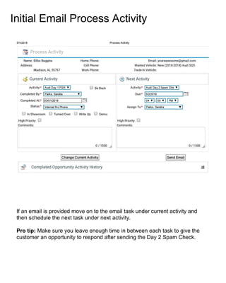 Initial Email Process Activity
If an email is provided move on to the email task under current activity and
then schedule the next task under next activity.
Pro tip: Make sure you leave enough time in between each task to give the
customer an opportunity to respond after sending the Day 2 Spam Check.
 