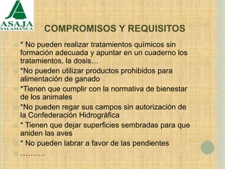COMPROMISOS Y REQUISITOS
 * No pueden realizar tratamientos químicos sin
formación adecuada y apuntar en un cuaderno los
tratamientos, la dosis…
 *No pueden utilizar productos prohibidos para
alimentación de ganado
 *Tienen que cumplir con la normativa de bienestar
de los animales
 *No pueden regar sus campos sin autorización de
la Confederación Hidrográfica
 * Tienen que dejar superficies sembradas para que
aniden las aves
 * No pueden labrar a favor de las pendientes
 ……….
 