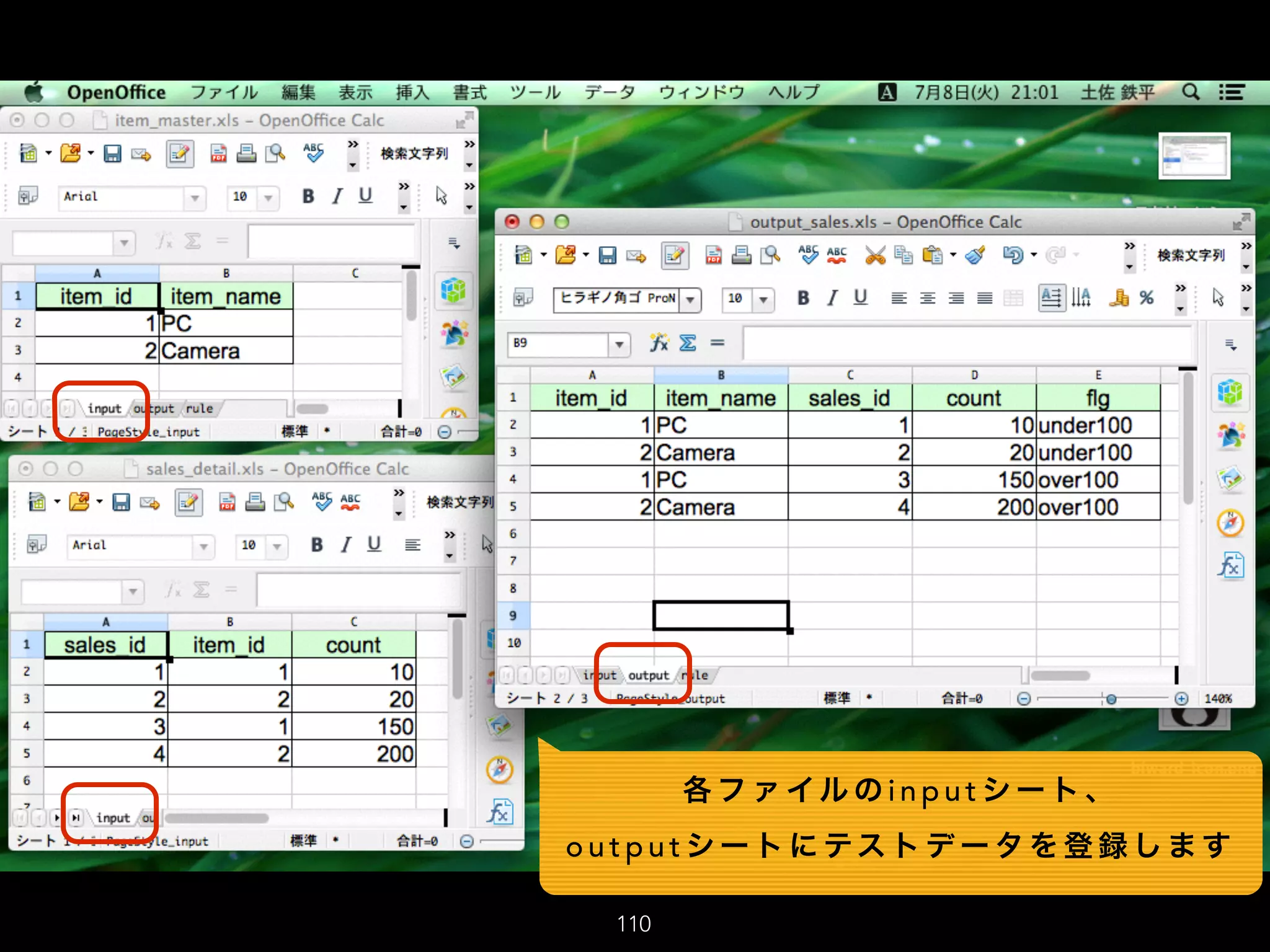 110
各 フ ァ イル の i n p u t シ ー ト 、
o u t p u t シ ー ト に テス ト デ ー タ を 登 録 し ま す
 