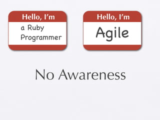 Hello, I’m   Hello, I’m
a Ruby
Programmer   Agile

   No Awareness
 