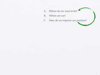 A.   Where do we want to be?
B.   Where are we?
C.   How do we improve our position?




                                       33
 
