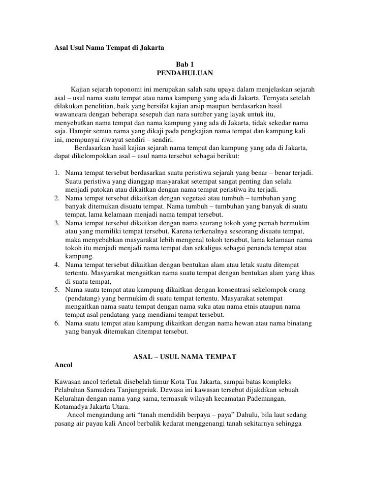 Asal Usul Nama Tempat Di Jakarta