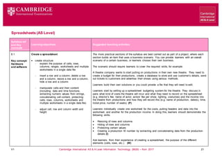 V1 Cambridge International AS & A Level Information Technology (9626) – from 2017 21
Spreadsheets (AS Level)
Learning objectives Suggested teaching activities
Syllabus ref
and Key
concepts
8.1
Key concept:
Hardware
and software
Create a spreadsheet
 create structure
 explain the purpose of cells, rows,
columns, ranges, worksheets and multiple
worksheets in a single data file
 insert a row and a column, delete a row
and a column, resize a row and a column,
hide a row and a column
 manipulate cells and their content
(including: date and time functions;
extracting numeric values from strings,
concatenating cell content, protecting:
cells, rows, columns, worksheets and
multiple worksheets in a single data file)
 adjust cell, row and column width and
height
The more practical sections of the syllabus are best carried out as part of a project, where each
section builds an item that uses a business scenario. You can provide learners with an overall
scenario of a certain business, or learners choose their own business.
The scenario should require learners to cover the required skills, for example:
A theatre company wants to start putting on productions in their own new theatre. They need to
create a budget for their productions, create a database to store and use customer’s details, send
out tickets to customers and advertise their shows using various methods.
Learners build their own solutions or you could provide a file that they will need to edit.
Learners start by setting up a spreadsheet budgeting system for the theatre. They discuss in
pairs what kind of costs the theatre will incur and what they need to record on the spreadsheet
(e.g. director’s fee, name of actor, actors’ fee per show, lighting, costumes) and the income into
the theatre from productions and how they will record this (e.g. name of production, date(s), time,
ticket price, number of seats). (P)
Learners individually create one worksheet for the costs, putting headers and data into the
worksheet, and another for the production income. In doing this, learners should demonstrate the
following skills:
 Resizing of rows and columns
 Hiding of rows and columns
 Protecting certain values
 Creating a production ID number by extracting and concatenating data from the production
details (I)
Ask learners, from their experience of creating a spreadsheet, the purpose of the different
elements (cells, rows, etc.). (W)
 