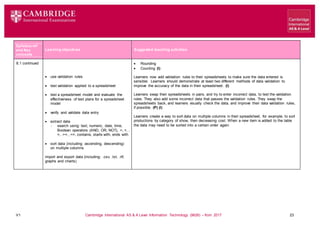 V1 Cambridge International AS & A Level Information Technology (9626) – from 2017 23
Learning objectives Suggested teaching activities
Syllabus ref
and Key
concepts
8.1 continued
 use validation rules
 test validation applied to a spreadsheet
 test a spreadsheet model and evaluate the
effectiveness of test plans for a spreadsheet
model
 verify and validate data entry
 extract data
 search using: text, numeric, date, time,
Boolean operators (AND, OR, NOT), >, <, ,
=, .>=, ,<=, contains, starts with, ends with
 sort data (including: ascending, descending)
on multiple columns
import and export data (including: .csv, .txt, .rtf,
graphs and charts)
 Rounding
 Counting (I)
Learners now add validation rules to their spreadsheets to make sure the data entered is
sensible. Learners should demonstrate at least two different methods of data validation to
improve the accuracy of the data in their spreadsheet. (I)
Learners swap their spreadsheets in pairs, and try to enter incorrect data, to test the validation
rules. They also add some incorrect data that passes the validation rules. They swap the
spreadsheets back, and learners visually check the data, and improve their data validation rules,
if possible. (P) (I)
Learners create a way to sort data on multiple columns in their spreadsheet, for example, to sort
productions by category of show, then decreasing cost. When a new item is added to the table
the data may need to be sorted into a certain order again.
 