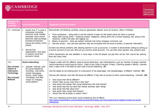 V1 Cambridge International AS & A Level Information Technology (9626) – from 2017 37
Syllabus ref
and Key
concepts
Learning objectives Suggested teaching activities
12.1 continued  explain how IT is used in
e-business (including:
electronic funds transfer,
automatic stock control,
electronic data exchange,
business-to-business
buying and selling, online
stores)
 discuss how
organisations mine data
to analyse social and
economic trends
Demonstrate the following activities using an appropriate website (such as Amazon, eBay or Alibaba):
 Price comparison – being able to use the internet to seek out the lowest prices for items or services.
 Steps when buying online – browsing product categories, putting items into a virtual shopping cart, going to the
checkout, confirm the order and logging out
 Means of payment – there are several methods that online shoppers commonly use
 Security issues – how user and payment data are encrypted and the issue of privacy of personal information.
As there are ethical problems with allowing learners to set up accounts, it is better to demonstrate selling by setting up
a dummy account of your own (first set up a dummy email account). You can then show learners how systems work.
Online transactions are now available in many ways. In the UK people can pay their car tax, their council tax, parking
fines and many more.
12.2
Key concept:
Impact of
Information
Technology
Key concept:
Network
Social networking
 evaluate methods used
for social networking
(including: chat rooms,
instant messaging,
forums, email, blogs,
microblogs) and their
impact on changing
social patterns
Prepare a table with the different types of social networking, and characteristics, such as: Number of people reached
(one-to-one/one-to-many/many-to-many); Ease of use; Ease of access; Privacy; Checking people’s identity. Learners
work in pairs to fill in the table for each type of social networking. (P)
Use the tables as the starting point of a discussion of the advantages and disadvantages of different methods. (W)
Discuss with learners how their life would be different if they had no access to online social networking. Consider: (W)
 How would their life be different?
 Would it free up any more time in their day?
 How would this change their social interactions with their friends?
 How would they find out what their friends are/have been doing?
 How would they feel about this?
 How would they contact their friends?
 Would their life be better or worse? Why?
This is an interesting article about social networking and its effects:
http://www.humankinetics.com/excerpts/excerpts/technology-can-have-positive-and-negative-impact-on-social-
interactions
 