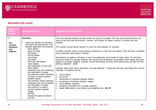 V1 Cambridge International AS & A Level Information Technology (9626) – from 2017 57
Animation (A Level)
Learning objectives Suggested teaching activities
Syllabus ref
and Key
concepts
17
Key
concept:
Hardware
and
software
Animation
 create and evaluate an animation
that meets the requirements of its
intended application and audience
 place objects
 place an image
 use frames
 set key frames
 use timings
 use layers
 show and hide objects
 resize objects
 use coordinates to move and
place objects
 understand the use of tweening
and what effect it creates
 use tweening (motion tweening)
to create a smooth transition
between frames
 use morphing (shape tweening)
 understand the use of morphing
and what effect it creates
 use morphing to create a
smooth transition between
images
 add text
 change the opacity of objects
and text
The more practical sections are best carried out as part of a project. This way each practical section can
build an item that uses the scenario. Learners can be given an overall scenario, or choose their own
scenario.
The scenario should require learners to cover the skills required, for example:
A theatre company wants to start putting on productions in their own new theatre. They will need to advertise
their productions using various methods.
Ask learners to create an animation to use in the advertising of the theatre (if being used). The animation
should be aimed at a younger audience and should show the features and benefits of the theatre that would
appeal to a younger audience. Learners should demonstrate as many of the skills as they are able from the
learning objectives. (I) (F)
Learners watch each other’s animations, and give feedback – things that went well, and things that could be
improved, on aspects such as:
 use of objects
 use of text
 smoothness of transition between frames
 smoothness of transition between images
 use of different opacities
 suitability of animation for a younger audience
 overall effectiveness of animation as an advertisement. (W) (F)
 