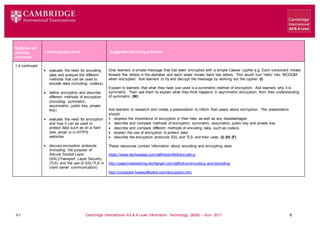V1 Cambridge International AS & A Level Information Technology (9626) – from 2017 8
Learning objectives Suggested teaching activities
Syllabus ref
and Key
concepts
1.4 continued
 evaluate the need for encoding
data and analyse the different
methods that can be used to
encode data (including: codecs)
 define encryption and describe
different methods of encryption
(including: symmetric,
asymmetric, public key, private
key)
 evaluate the need for encryption
and how it can be used to
protect data such as on a hard
disk, email or in HTTPS
websites
 discuss encryption protocols
(including: the purpose of
Secure Socket Layer
(SSL)/Transport Layer Security
(TLS) and the use of SSL/TLS in
client server communication)
Give learners a simple message that has been encrypted with a simple Caesar cypher e.g. Each consonant moves
forward five letters in the alphabet and each vowel moves back two letters. This would turn ‘Hello’ into ‘MCQQM’
when encrypted. Ask learners to try and decrypt the message by working out the cypher. (I)
Explain to learners that what they have just used is a symmetric method of encryption. Ask learners why it is
symmetric. Then ask them to explain what they think happens in asymmetric encryption, from their understanding
of symmetric. (W)
Ask learners to research and create a presentation to inform their peers about encryption. The presentation
should:
 express the importance of encryption in their lives as well as any disadvantages
 describe and compare methods of encryption: symmetric, assymetric, public key and private key
 describe and compare different methods of encoding data, such as codecs
 explain the use of encryption to protect data
 describe the encryption protocols SSL and TLS and their uses. (I) (H) (F)
These resources contain information about encoding and encrypting data:
https://www.techopedia.com/definition/948/encoding
http://searchnetworking.techtarget.com/definition/encoding-and-decoding
http://computer.howstuffworks.com/encryption.htm
 