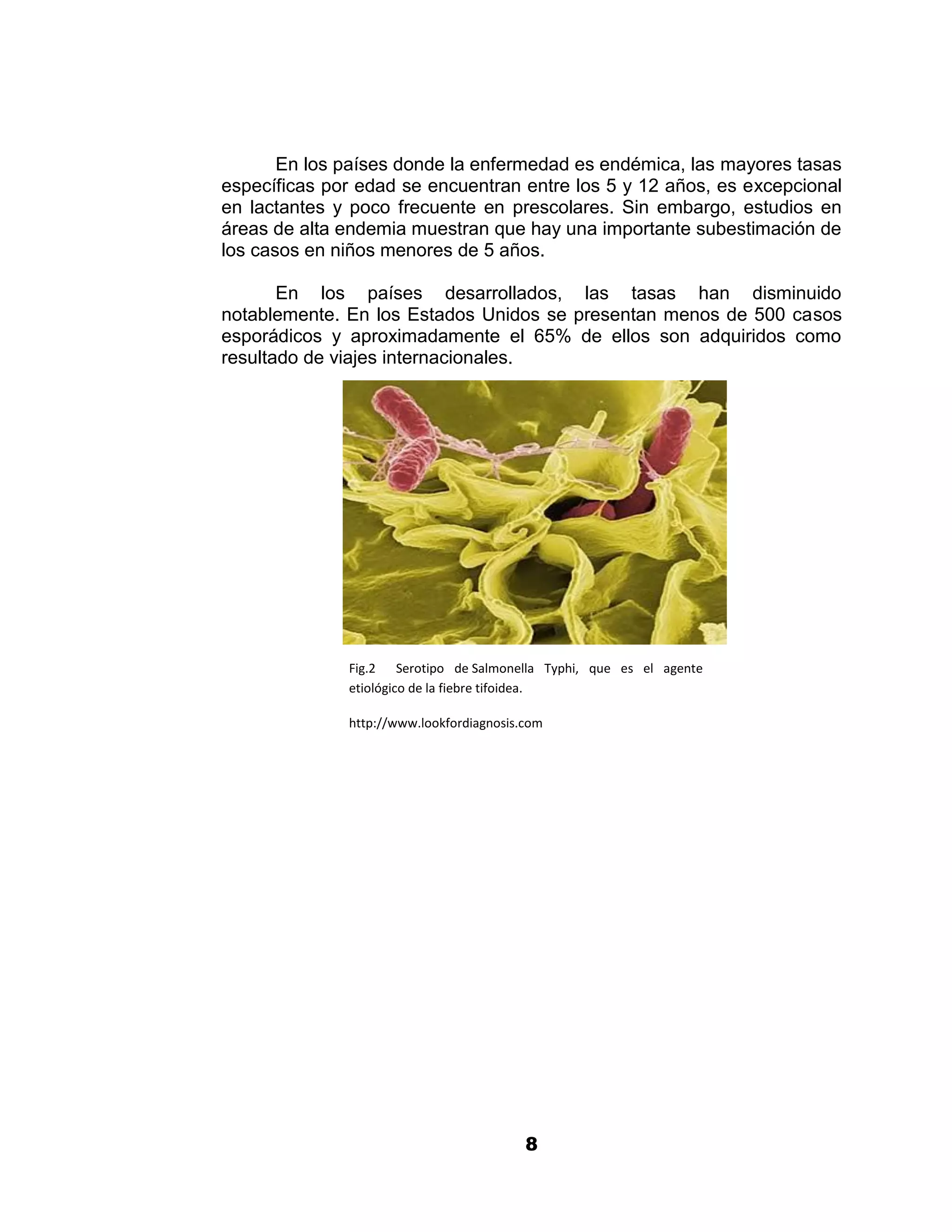 1




       En los países donde la enfermedad es endémica, las mayores tasas
específicas por edad se encuentran entre los 5 y 12 años, es excepcional
en lactantes y poco frecuente en prescolares. Sin embargo, estudios en
áreas de alta endemia muestran que hay una importante subestimación de
los casos en niños menores de 5 años.

       En los países desarrollados, las tasas han disminuido
notablemente. En los Estados Unidos se presentan menos de 500 casos
esporádicos y aproximadamente el 65% de ellos son adquiridos como
resultado de viajes internacionales.




              Fig.2 Serotipo de Salmonella Typhi, que es el agente
              etiológico de la fiebre tifoidea.

              http://www.lookfordiagnosis.com




                                          8
 