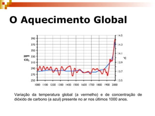 O Aquecimento Global Variação da temperatura global (a vermelho) e de concentração de dióxido de carbono (a azul) presente no ar nos últimos 1000 anos.  