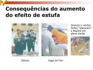 Consequências do aumento do efeito de estufa Granizo e ventos fortes “atacaram” a Nazaré em pleno Verão  Dilúvio  Vaga de Frio  