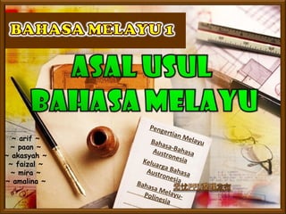 Pengertian Melayu
Keluarga BahasaAustronesia
Bahasa-BahasaAustronesia
Bahasa Melayu-Polinesia
~ arif ~
~ paan ~
~ akasyah ~
~ faizal ~
~ mira ~
~ amalina ~
 