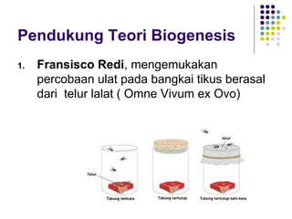 Pendukung Teori Biogenesis
1.   Fransisco Redi, mengemukakan
     percobaan ulat pada bangkai tikus berasal
     dari telur lalat ( Omne Vivum ex Ovo)
 