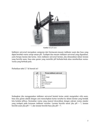 7
Gambar 2.1 pH meter
Indikator universal merupakan campuran dari bermacam-macam indikator asam dan basa yang
dapat berubah warna setiap satuan pH. Terdapat dua macam indikator universal yang digunakan,
yaitu berupa larutan dan kertas. Jenis indikator universal larutan, jika dimasukkan dalam larutan
yang bersifat asam, basa atau garam yang memiliki pH berbeda-beda akan memberikan warna-
warna yang berbeda pula.
Perhatikan tabel 2.7 di bawah ini!
pH Warna indikator universal
≤ 3
4
5
6
7
8
9
≥ 10
Merah
Merah jingga
Jingga
Kuning
Hijau kekuningan
Biru kehijauan
Biru
Ungu
Sedangkan jika menggunakan indikator universal bentuk kertas untuk mengetahui sifat asam,
basa atau garam adalah dengan cara mencelupkan kertas tersebut ke dalam larutan yang hendak
kita ketahui pHnya. Kemudian warna yang muncul dicocokkan dengan cakram warna standar
yang terdapat pada kemasan indikator tersebut. Larutan bersifat netral jika pH = 7, larutan
bersifat asam jika pH < 7, dan larutan bersifat basa jika pH > 7.
 