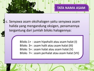 c. Senyawa asam oksihalogen yaitu senyawa asam
halida yang mengandung oksigen, penamannya
tergantung dari jumlah biloks halogennya:
TATA NAMA ASAM
Biloks 1+ : asam hipohalit atau asam halat (I)
Biloks 3+ : asam halit atau asam halat (III)
Biloks 5+ : asam halat atau asam halat (V)
Biloks 7+ : asam perhalat atau asam halat (VII)
 