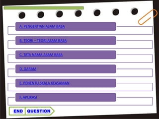 A. PENGERTIAN ASAM BASA
B. TEORI – TEORI ASAM BASA
C. TATA NAMA ASAM BASA
D. GARAM
E. PENENTU SKALA KEASAMAN
F. APLIKASI
END QUESTION
 