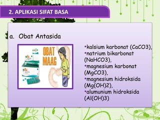 a. Obat Antasida
2. APLIKASI SIFAT BASA
•kalsium karbonat (CaCO3),
•natrium bikarbonat
(NaHCO3),
•magnesium karbonat
(MgCO3),
•magnesium hidroksida
(Mg(OH)2),
•alumunium hidroksida
(Al(OH)3)
 