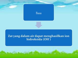 Basa
Zat yang dalam air dapat menghasilkan ion
hidroksida (OH-)
 