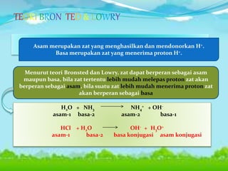 TEORI BRONSTED & LOWRY
Asam merupakan zat yang menghasilkan dan mendonorkan H+.
Basa merupakan zat yang menerima proton H+.
Menurut teori Bronsted dan Lowry, zat dapat berperan sebagai asam
maupun basa, bila zat tertentu lebih mudah melepas proton zat akan
berperan sebagai asam, bila suatu zat lebih mudah menerima proton zat
akan berperan sebagai basa
H2O + NH3 NH4
+ + OH-
asam-1 basa-2 asam-2 basa-1
HCl + H2O OH- + H3O+
asam-1 basa-2 basa konjugasi asam konjugasi
 