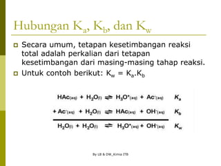 By LB & DW_Kimia ITB
Hubungan Ka, Kb, dan Kw
 Secara umum, tetapan kesetimbangan reaksi
total adalah perkalian dari tetapan
kesetimbangan dari masing-masing tahap reaksi.
 Untuk contoh berikut: Kw = Ka.Kb
 
