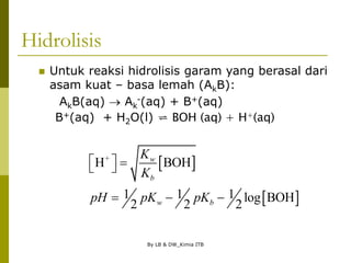 By LB & DW_Kimia ITB
Hidrolisis
 Untuk reaksi hidrolisis garam yang berasal dari
asam kuat – basa lemah (AkB):
AkB(aq)  Ak
-(aq) + B+(aq)
B+(aq) + H2O(l) ⇌ BOH (aq) + H+(aq)
 
 
+
H BOH
1 1 1 log BOH
2 2 2
w
b
w b
K
K
pH pK pK
  
 
  
 