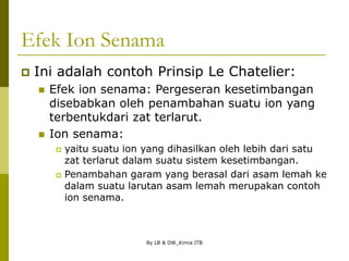 By LB & DW_Kimia ITB
Efek Ion Senama
 Ini adalah contoh Prinsip Le Chatelier:
 Efek ion senama: Pergeseran kesetimbangan
disebabkan oleh penambahan suatu ion yang
terbentukdari zat terlarut.
 Ion senama:
 yaitu suatu ion yang dihasilkan oleh lebih dari satu
zat terlarut dalam suatu sistem kesetimbangan.
 Penambahan garam yang berasal dari asam lemah ke
dalam suatu larutan asam lemah merupakan contoh
ion senama.
 