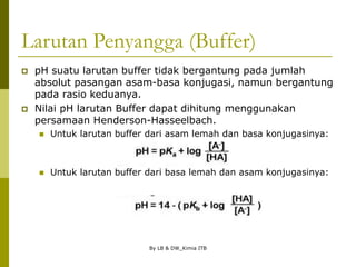 By LB & DW_Kimia ITB
Larutan Penyangga (Buffer)
 pH suatu larutan buffer tidak bergantung pada jumlah
absolut pasangan asam-basa konjugasi, namun bergantung
pada rasio keduanya.
 Nilai pH larutan Buffer dapat dihitung menggunakan
persamaan Henderson-Hasseelbach.
 Untuk larutan buffer dari asam lemah dan basa konjugasinya:
 Untuk larutan buffer dari basa lemah dan asam konjugasinya:
 
