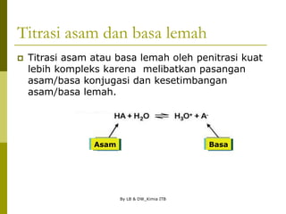 By LB & DW_Kimia ITB
Titrasi asam dan basa lemah
 Titrasi asam atau basa lemah oleh penitrasi kuat
lebih kompleks karena melibatkan pasangan
asam/basa konjugasi dan kesetimbangan
asam/basa lemah.
Asam Basa
 