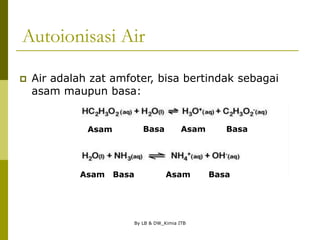 By LB & DW_Kimia ITB
Autoionisasi Air
 Air adalah zat amfoter, bisa bertindak sebagai
asam maupun basa:
Asam
Asam Asam
Asam
Basa
Basa
Basa
Basa
 