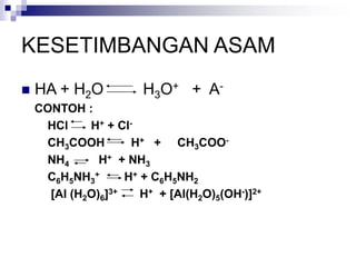 KESETIMBANGAN ASAM
 HA + H2O H3O+ + A-
CONTOH :
HCl H+ + Cl-
CH3COOH H+ + CH3COO-
NH4 H+ + NH3
C6H5NH3
+ H+ + C6H5NH2
[Al (H2O)6]3+ H+ + [Al(H2O)5(OH-)]2+
 