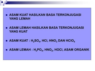  ASAM KUAT HASILKAN BASA TERKONJUGASI
YANG LEMAH
 ASAM LEMAH HASILKAN BASA TERKONJUGASI
YANG KUAT
 ASAM KUAT : H2SO4, HCl, HNO3 DAN HClO4
 ASAM LEMAH : H3PO4, HNO2, HOCl, ASAM ORGANIK
 