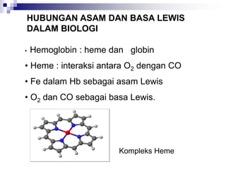HUBUNGAN ASAM DAN BASA LEWIS
DALAM BIOLOGI
• Hemoglobin : heme dan globin
• Heme : interaksi antara O2 dengan CO
• Fe dalam Hb sebagai asam Lewis
• O2 dan CO sebagai basa Lewis.
Kompleks Heme
 
