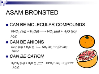 ASAM BRONSTED
 CAN BE MOLECULAR COMPOUNDS
HNO3 (aq) + H2O(l) NO3 (aq) + H3O (aq)
ACID
 CAN BE ANIONS
NH4
+ (aq) + H2O (l) NH3 (aq) + H3O+ (aq)
ACID
 CAN BE CATION
H2PO4
- (aq) + H2O (l) HPO4
2- (aq) + H3O+ (aq)
ACID
 